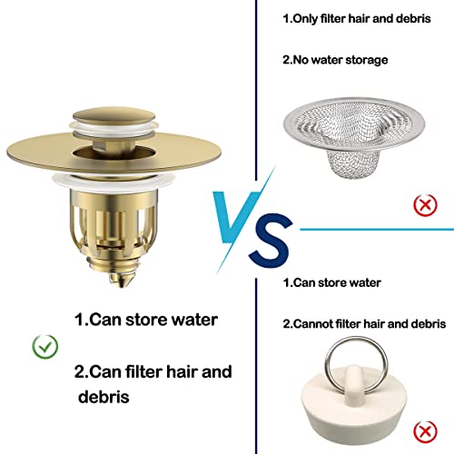 MUAIOLAUS Universal Bathroom Sink Stopper, Pop Up Sink Stopper with Basket Hair Catcher, Anti Clogging Sink Drain Filter for 1.06"-1.65" Drain Holes - color: Gold