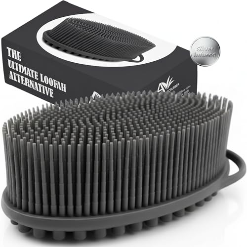 Avilana Silicone Body Scrubber for Shower – SGS Certified Food Grade Dual Sided Bath Brush, Gentle Exfoliating Silicone Loofah Alternative, Sensitive Skin Body Brush (Dark Gray-Silver, Massage) - color: Dark Gray-silver, size: Massage