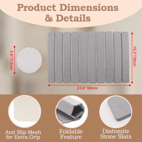 Stone Bath Mat,24 x 15.4 Inch Non-Slip Diatomaceous Earth Bath Mat,Quick Dry Stone Bath Mats for Bathroom,Rollable Super Absorbent Stone Drying Mat for Bahtroom Shower Floor, Grey - color: Grey