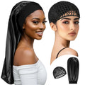 Long Hair Bonnet-Hair Wrap Net for Silk Press Set Braid Bonnet for Sleeping Extra Long Wrap Cap 2 Piece Set Anti Frizz Reusable Elastic Shower Cap for Braids, Curly (black net, black bonnet) - color: Black Net, Black Bonnet