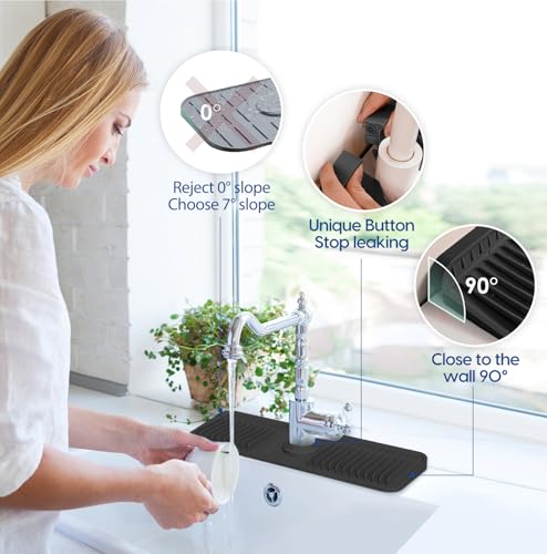 17.7 Inch Silicone Faucet Mat for Kitchen Sink Splash Guard - 7° Slope Upgraded Water Draining Mat with Fasten Button for Bathroom Area(Black, 17.7''x5.5'') - color: Black, size: 17.7''x5.5''