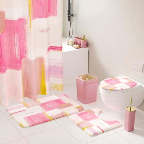 XLHOMO Bathroom Accessories Set - 26PCS Pink Bathroom Set, Bathroom Accessory Set with Shower Curtain and Rugs and Bathtub Mats for Home - color: Plaid Pink & Gold, size: Complete Set+Bath Rugs+Bathtub Mat