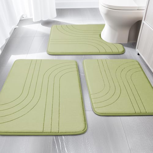 YIHOUSE Green Bathroom Rug Set 3 Pieces, Soft Non Slip Memory Foam Bath Mats, Extra Thick, Machine Washable - color: Green-2, size: 3 pieces