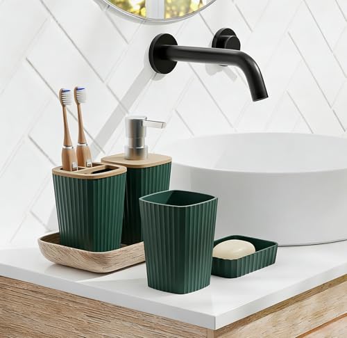 Bathroom Accessory Set 7 Pcs, Plastic Bathroom Set with Bamboo Cover Include Soap Dish, Toothbrush Holder, Mousewash Cup, Shower Curtain Set, Soap Dispenser, Trash Can & Toilet Brush - color: Dark Green, size: 7pack