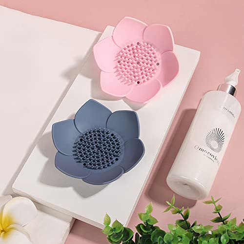 2 Pack Silicone Soap Tray Dishes Soap Holder Saver Draining Bathroom Shower Sink Bathtub - color: 2 Pack, Pink + Blue