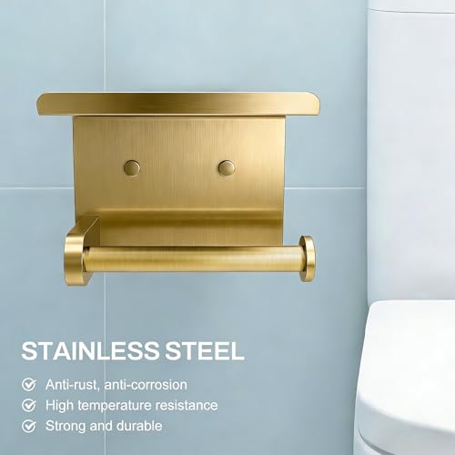 SetSail Toilet Paper Holder with Shelf Adhesive or Screw-in Bathroom Toilet Paper Roll Holders Wall Mount Gold Tissue Holder for Bathroom Hardware Accessories - color: Brushed Gold, size: 1 Packs