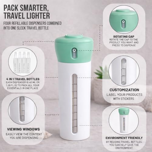 Travigo 4-in-1 Travel Dispenser Bottle, TSA Approved, Leak Proof, Four Reusable 1.4 oz. (40 mL) Toiletry Containers for Shampoo, Conditioner, Soap, Lotion, Skincare (Green) - color: 1 Dispenser (Green)