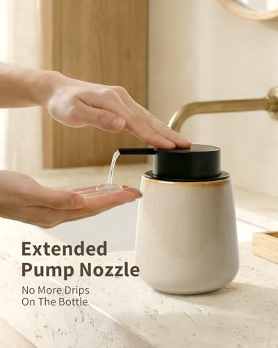 BosilunLife Hand Soap Dispenser - Ceramic Dish Soap Dispenser for Bathroom 12ounce Refillable Liquid Hand Wash Dispenser for Essential Oil, Lotion Soap, Greige with Speckle - color: Greige