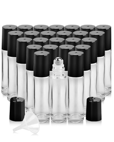 Worldgsb 25 Pack Essential Oil Roller Bottles, 10ml Refillable Clear Glass Roller Bottles with Stainless Steel Roller Balls and Caps for Travel, Perfume and Lip Gloss - color: Clear, style: 25 Pack