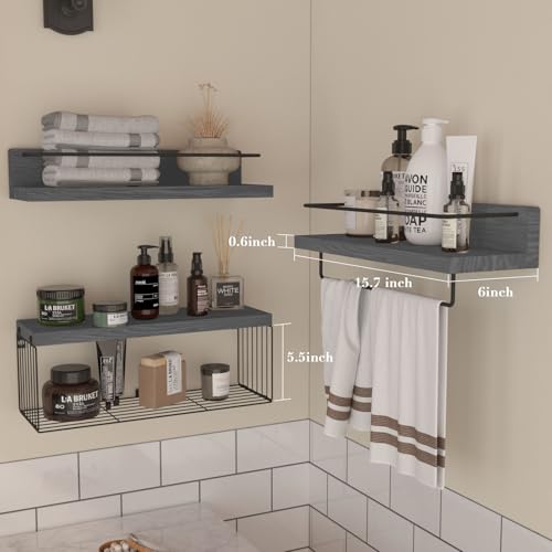 PopiShelves Bathroom Shelves Over Toilet for Wall, Floating Shelves with Storage Basket Paper Holer for Kitchen Living Room, Bedroom & Classroom, Set of 3 (Grey) - color: Grey, size: 15.7"