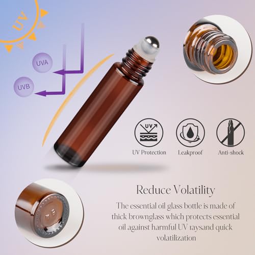 10ml Roller Bottles for Essential Oils, 4 Pack Glass Roll on Bottles, Refillable Perfume Bottle, with Stainless Steel Roller Balls, 2 Droppers, 1 Opener, Labels (Amber) - color: Brown