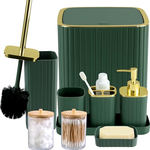 Bathroom Accessories Set-9PC Set, Complete Bathroom Decor & Home Decor, Bathroom Set with Toilet Brush, Trash Can, Soap Dispenser,Modern Home Bath Essentials (Green, Bath Set) - color: Green&gold, size: 9-Piece Bath Set