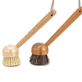 FOLI Bamboo Handle Dish Scrub Brushes - Wooden Cleaning Scrubbers with Stiff Bristles for Washing Kitchen Cast Iron Pan Pot (2PCS with Sisal & Palm Bristles, Long Handle)