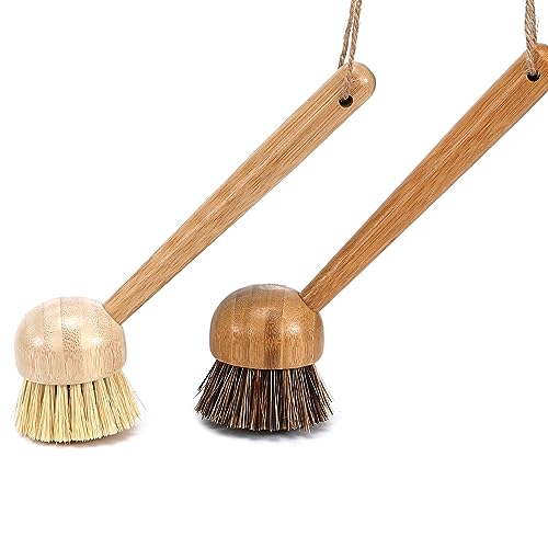 FOLI Bamboo Handle Dish Scrub Brushes - Wooden Cleaning Scrubbers with Stiff Bristles for Washing Kitchen Cast Iron Pan Pot (2PCS with Sisal & Palm Bristles, Long Handle)