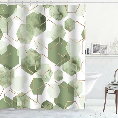 4Pcs Sage Green Geometric Shower Curtain Set, Neutral Modern Art Deco Shower Curtain with Hooks, Elegant Trendy Simple Bathroom Sets with Shower Curtain and Rugs, 71 * 71in - color: Green