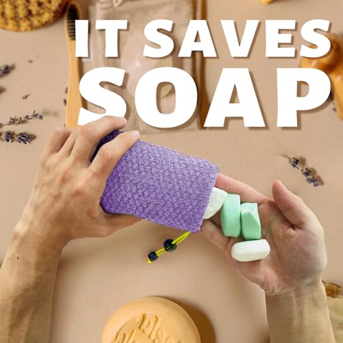 MIG4U Exfoliating Soap Bag for Shower 2 Pieces - Bar Soap Saver Pouch, Bamboo Body Scrubber Exfoliator Pocket in Travel Bathing, Purple - style: 1 exfoliation level - Purple