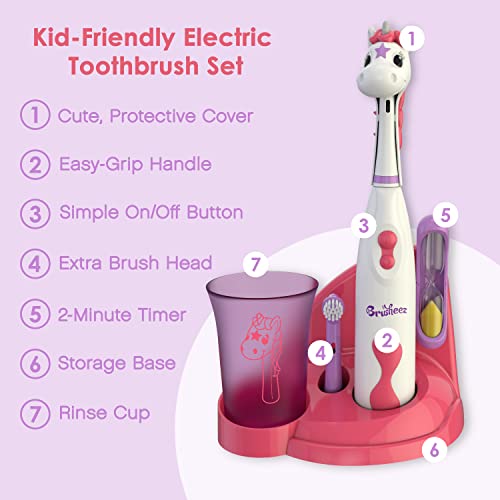 Brusheez Kids’ Electric Toothbrush Set - Safe & Effective for Ages 3+ - Parent Tested & Approved with Gentle Bristles, 2 Brush Heads, Rinse Cup, 2-Minute Timer, & Storage Base (Sparkle the Unicorn) - color: Sparkle the Unicorn
