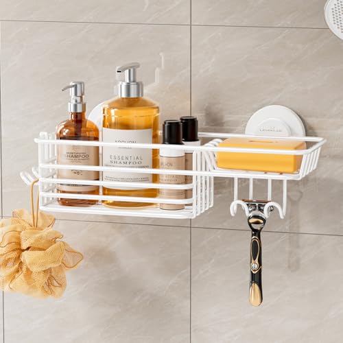 LEVERLOC Shower Caddy Suction Cup, Heavy Duty Bathroom Organizer | Shower Organizer for Inside Shower with Hooks & Soap holder, NO-Drilling Bathroom shelves-White - color: 1 × White