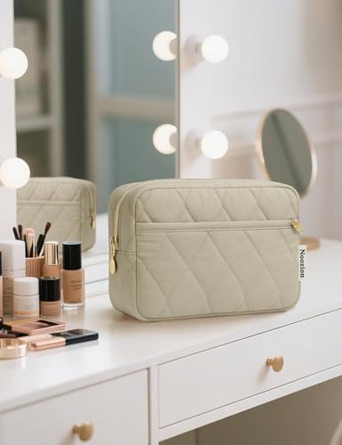 Noozion Makeup Bag Travel Toiletry Bag, Puffy Padded Cosmetic Bag for Women, Makeup Organizer Case, Wide-open Pouch Purse, Travel Essentials - color: Camel 2