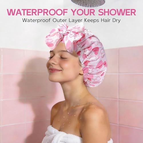 Years Calm Extra Large Shower Cap for Long Thick Hair – Waterproof Double Layer Bath Cap with Satin Lining, Secure Elastic Fit for Braids, Curls & Extensions - color: Pink Heart