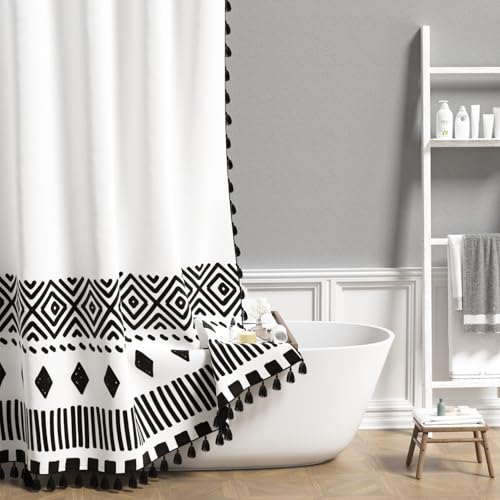 AOFOTO Bohemian Shower Curtain Tassel Boho Black and White Striped Geometric Pattern Shower Curtains for Bathroom Waterproof Bath Curtain Sets with Hooks Bathroom Home Decor 48x72 Inches - color: Black Square, size: 48"W x 72"L (Pack of 1)