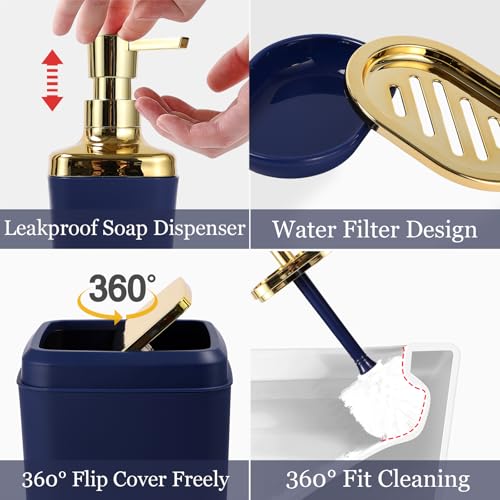 XLHOMO Blue and Gold Bathroom Accessories Set, Bathroom Sets with Shower Curtain, Blue Bathroom Accessories with Trash Can, Soap Dispenser, Soap Dish, Toilet Brush Holder, Qtip Holders for Bathroom - color: Plaid Blue & Gold, size: Complete Set