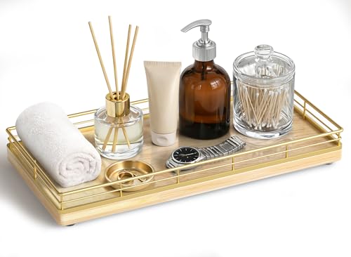 Bathroom Vanity Tray for Countertop, 12" x 6" Oak Wood Toilet Tank Tray | Metal Guardrail, Bathroom Organizer for Soap, Perfume & Skincare, Non-Slip Decorative Tray for Dresser, Gold & Natural Oak - color: Natural, size: 12" x 6" x 1.5"