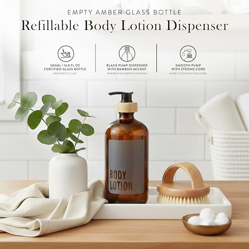 SAVVY & SORTED Amber Glass Body Lotion Dispenser with Pump, Soap Dispenser Bathroom Set, Refillable Glass Lotion Bottle with Label, Matching Soap and Lotion Dispenser Set Available, 17 Fl Oz / 500 ml - color: Amber - Body Lotion 500 Ml