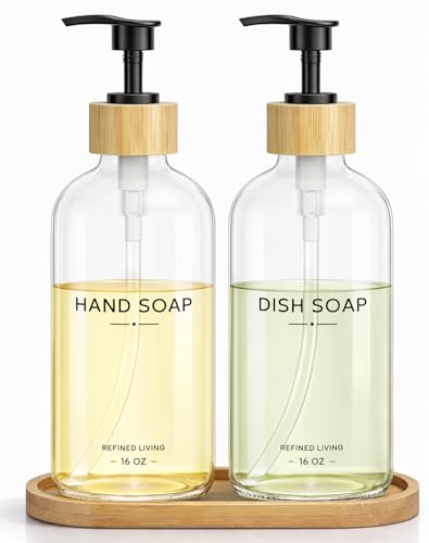 Hand and Dish Soap Dispenser Set,16oz Glass Bottles with Bamboo Pumps & Tray,Countertop Soap Dispensers for Kitchen,Luxury, Minimalist & Farmhouse Decor - color: Hand Dish (Transparent)