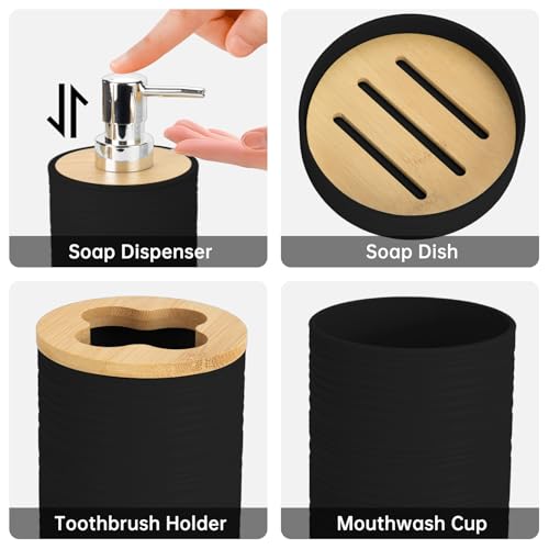 Bamboo Bathroom Accessories Set 4 Pcs, Black Bathroom Accessory Set with Soap Dispenser and Toothbrush Holder, Soap Dish and Mouthwash Cup, Boho Bathroom Decor - color: Black
