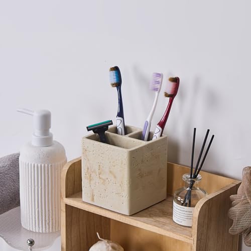 Natural Travertine Textures Toothbrush Holders for Bathroom, Electric Toothbrush and Toothpaste Holder 3 Slots Tooth Brush Organizer for Bathroom Countertop, Shower, Vanity