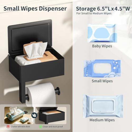 FORIOUS Toilet Paper Holder with Shelf, Sanitary Napkin Receptacle Tampon Holder, Wall Mount Toilet Paper Holder with Storage, Flushable Wipes Dispenser Fits for Bathroom Commercial(Black, 6.5 L) | The smaller, lighter box is not suitable for large wipes.