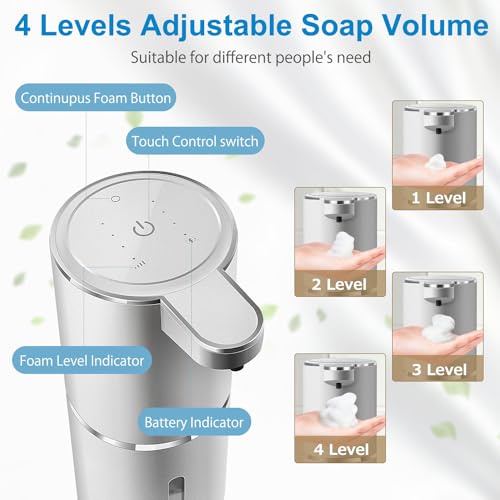 Automatic Foaming Soap Dispenser,4-Level Adjustable Foam, Wall Mount, USB Rechargeable,12.8oz/ 380ml,Touchless Hand & Dish Soap Dispenser for Bathroom, Kitchen,Hotel, Restaurant - color: Silvery