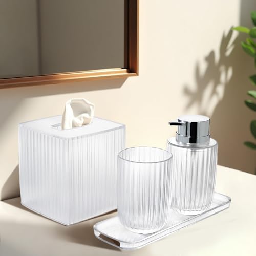 Decozen Bathroom Accessories - 4Pcs Bath Accessories for Home Decor Soap Dispenser, Lotion Dispenser, Tissue Box & Tray for Bath Decor Countertop Organizer - Christmas Decorations, Housewarming Gift - color: Clear