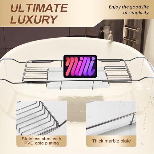 BVL Bathtub Tray Stainless Steel with Marble Base Gun Gray Bathtub Tray with White Marble Base Adjustable & Rustproof Bath Caddy for Spa, Relaxation, Bath Bombs - color: Gun Gray