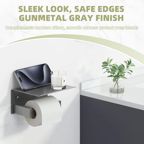 APLusee Toilet Paper Holder with Phone Shelf Gunmetal Gray, 304 Stainless Steel Rustproof Wall Mounted Heavy-Duty, Space-Saving for Modern Bathrooms - color: Gun Gray, size: Single Rod