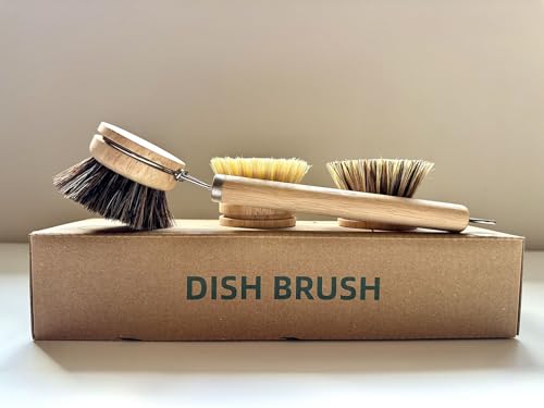 Bamboo Dish Brush with Handle, 1 Sturdy Wooden Handle with 3 Natural Bristle Heads, Horsehair, Sisal, Palm - All Purpose Kitchen Scrubber, Bamboo Wok Brush, Fruit and Veggie Scrubber