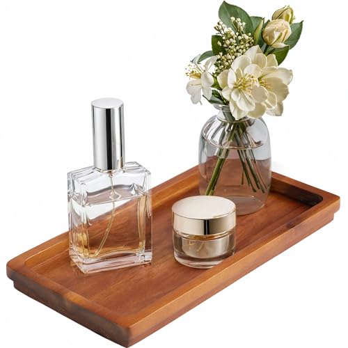 Demigo Bathroom Vanity Tray, Natural Acacia Organizer Tray, 11.8 x 5.9 in | Wooden Countertop Holder for Cosmetics Jewelry Candle & Keys, Decorative Tray for Toilet Tank, Kitchen & Sink Decor - color: Acacia