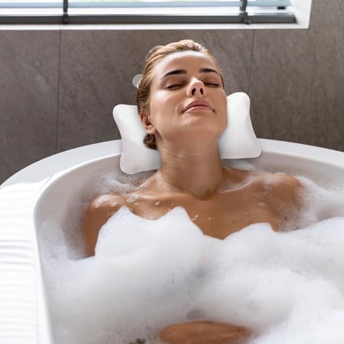 EORTA Inflatable Bathtub Pillow Anti-Slip Aerated Bath Pillow with Suction Cup Spa Bath Cushion for Head Neck Rest Relax, Home, Bathroom, White, 13.8"X7.8"