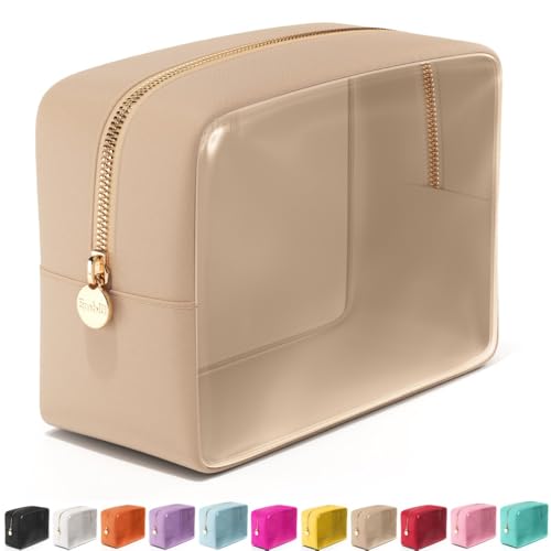 Embla Clear Cosmetic Bag Makeup Case, Clear Zipper Make Up Pouch and Toiletry Travel Tote, Cute Skincare Pouches for Women Girls, Preppy Purse Cosmetic Organizer, Large Makeup Bags, Sand | Large Tan Clear Nylon/PVC Cosmetic Bag with Zipper, Waterproof Bea