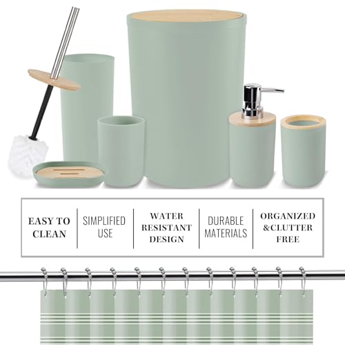 Britimes Bathroom Accessories Sets, Sage Green Shower Curtain Set with Trash Can, Soap Dispenser, Toilet Brush Holder, Toothbrush Holder and Toothbrush Cup for Bathroom Decor (Green) - color: Green
