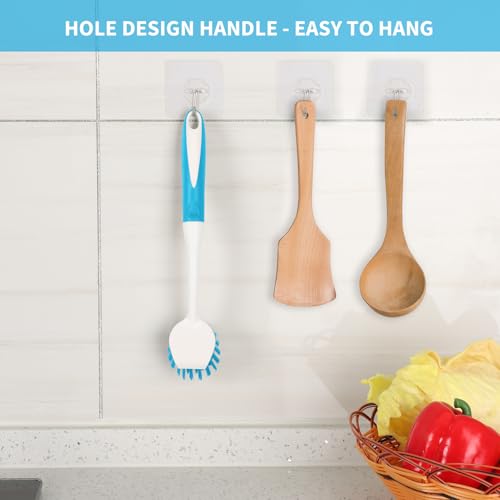 Dish Brush with Handle, 2 Pack Scrub Brushes with Built-in Scraper for Cleaning Kitchen, Pots, Pans and Sink, Scrubber Washing Tools, Blue - color: Blue