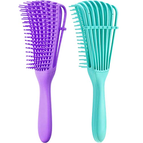2 Pieces Detangling Brush for Afro America/African Hair Textured 3a to 4c Kinky Wavy/Curly/Coily/Wet/Dry/Oil/Thick/Long Hair, Knots Detangler Easy to Clean (Green, Purple) - color: Green, Purple