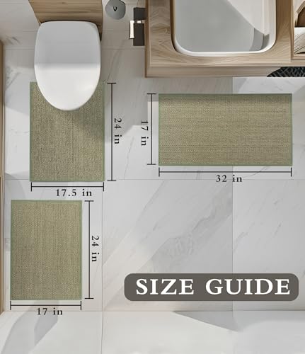 YIHOUSE Bathroom Rugs Sets 3 Pieces, Green Ultra Thin Bath Mats Fit Under Door, Absorbent Quickly Dry Rubber Backing Braided Bath Mat Set, Non Slip Washable Bath Rugs for Bathroom Floor, Green - color: Green, size: 3pieces