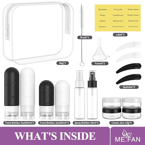 ME.FAN Travel Bottles for Toiletries, 18 Pack TSA Approved Travel Size Containers Set, Silicone Squeezable Portable Split Bottle, Travel Accessories for Conditioner, Shampoo, Lotion - Black/White - color: Black/White