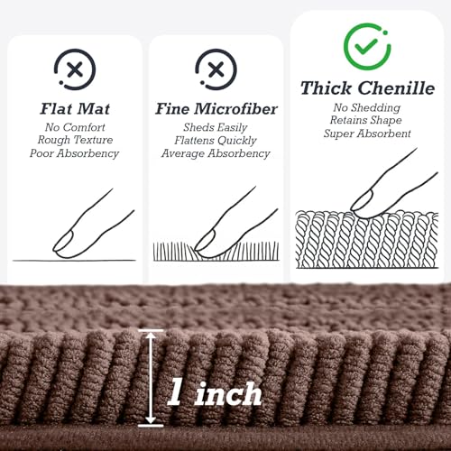 HUXMEYSON Bathroom Rugs Set 2 Piece, Ultra Absorbent Chenille Non Slip Bathroom Mat Set - 20'' x 24'' U-Shaped Contour Toilet Rug & 17'' x 24'' Extra Soft Plush Bath Mat - Machine Washable, Brown - color: Brown, size: 24" x 17" + U Shape 24" x 20"