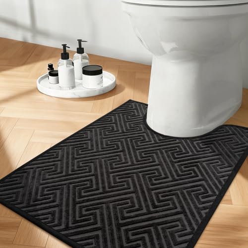 YIHOUSE Black Bathroom Toilet Rugs 17.5"x24"U, Quick Dry Non Slip Bath Rug, Absorbent Machine Washable Thin Bath Mat for Restroom Floor Tub Laundry Room Home Decor - color: Black, size: 1'6" x 2' (U-Shape)