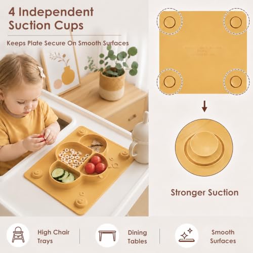 ROCCED Suction Plates for Baby Placemat Spoon Fork Set for Toddlers, Silicone Baby Plates with Suction Baby Dishes for Kids Plates-grey - color: Gray