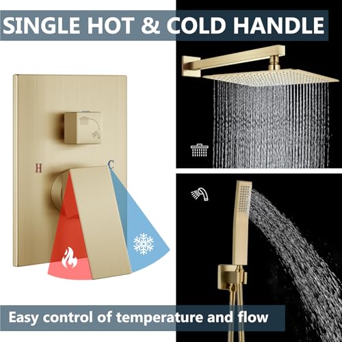 Aolemi Shower Faucet Set Rain Shower System with Handheld Spray Bathroom Shower Combo Rough-in Valve and Shower Trim Kit Included Brushed Gold 16 Inch Wall Mount Shower Head - color: Brushed Gold, size: 16 Inch Wall Mount Shower Head