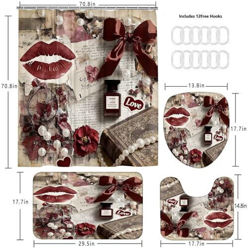 DDQQ 4Pcs Sexy Lip Shower Curtain Set Women Pearl Bow Bathroom Decor Set, Fashion Red Flower Perfume Bathroom Curtains Shower Set with Rugs, Girly Shower Curtain with 12 Hooks - color: Burgundy
